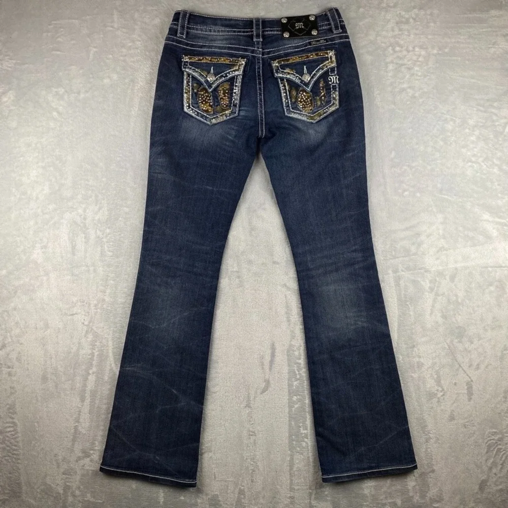 Miss Me Jeans Womens 28 Blue Signature Boot Flared Flap Pocket Dark Wash Denim - Picture 4 of 16